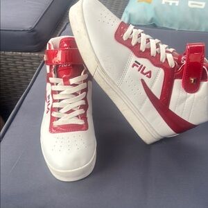 Fila White and Red High-Top Sneakers